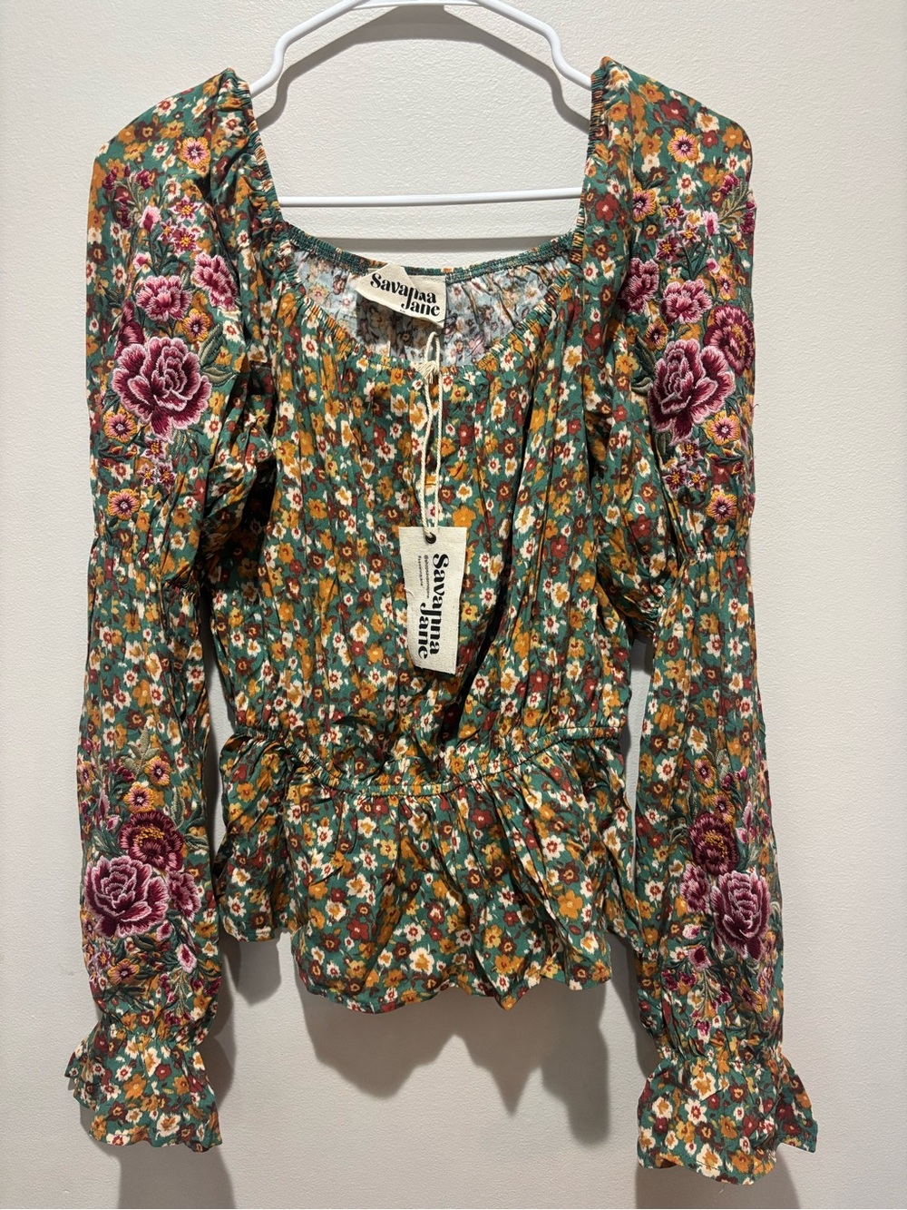 Savanna Jane Floral Peasant Top in Sage Rust Embroidered Sleeves Fall Boho NWT